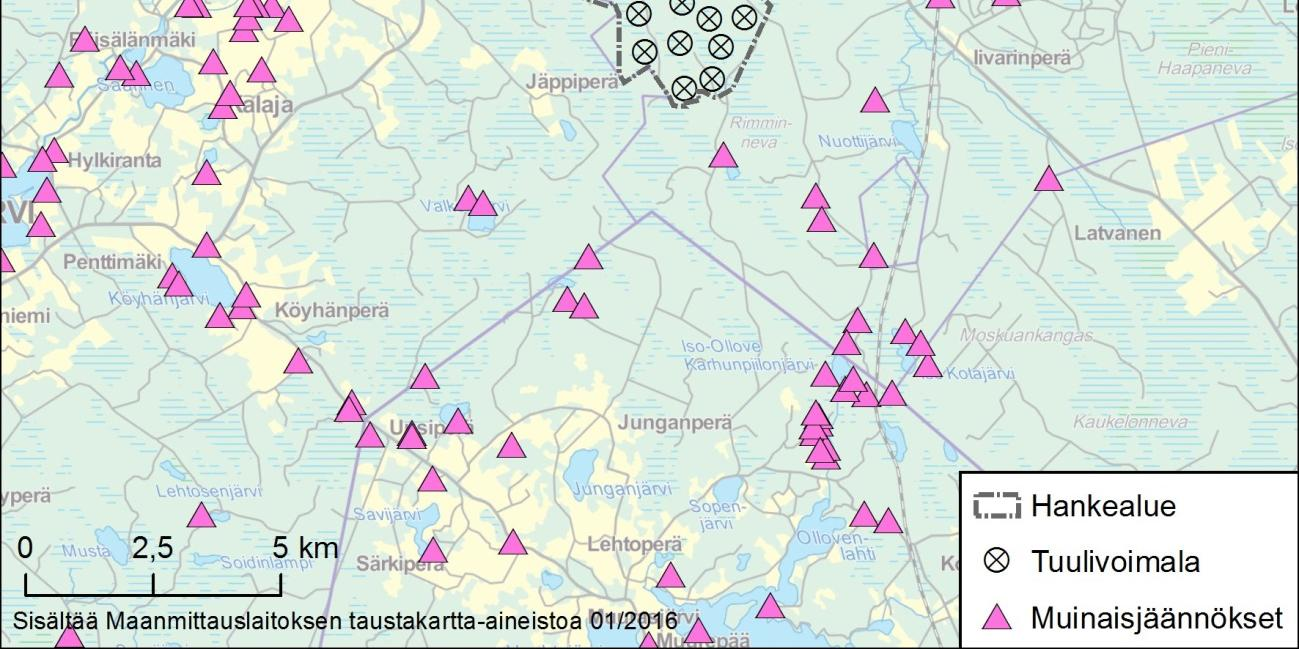 6.2.3 Muinaisjäännökset Hankealueelle ei sijoitu ennestään tunnettuja muinaisjäännöskohteita (Kuva 6-11).