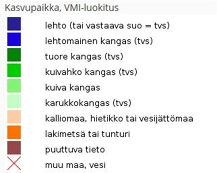 Kuva 6-12. Hankealueen kasvupaikkatyypit. Voimalapaikka merkitty sinisellä pallolla (Maanmittauslaitoksen Paikkatietoikkuna 2016). 6.3.