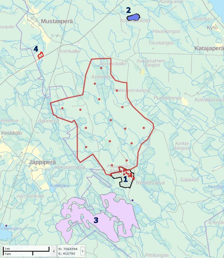 Kuva 6-14. Suojelualueiden sijainti (1 = Pajuperänkankaan Natura 2000 -alue, 2 = Korteojan korpi Natura 2000 -alue, 3 = Palolamminkankaan moreenimuodostuma, 4 = Mustaniemen yksityinen suojelualue).