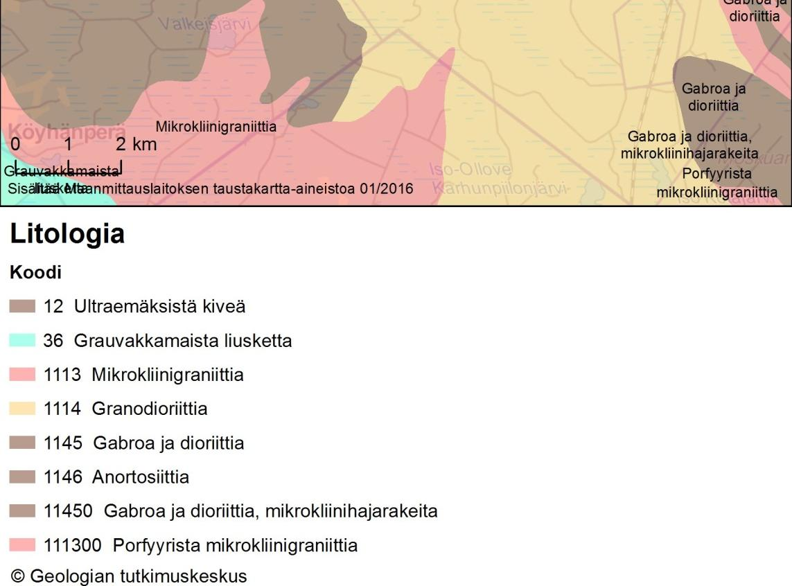 Kuva 6-16. Hankealueen kallioperäkartta. Hankealueelle ei sijoitu pohjavesialueita.