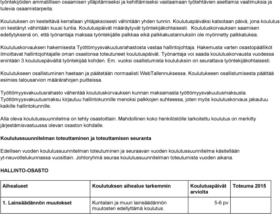 Koulutuspäivät määräytyvät työntekijäkohtaisesti. Koulutuskorvauksen saamisen edellytyksenä on, että työnantaja maksaa työntekijälle palkkaa eikä palkkakustannuksiin ole myönnetty palkkatukea.