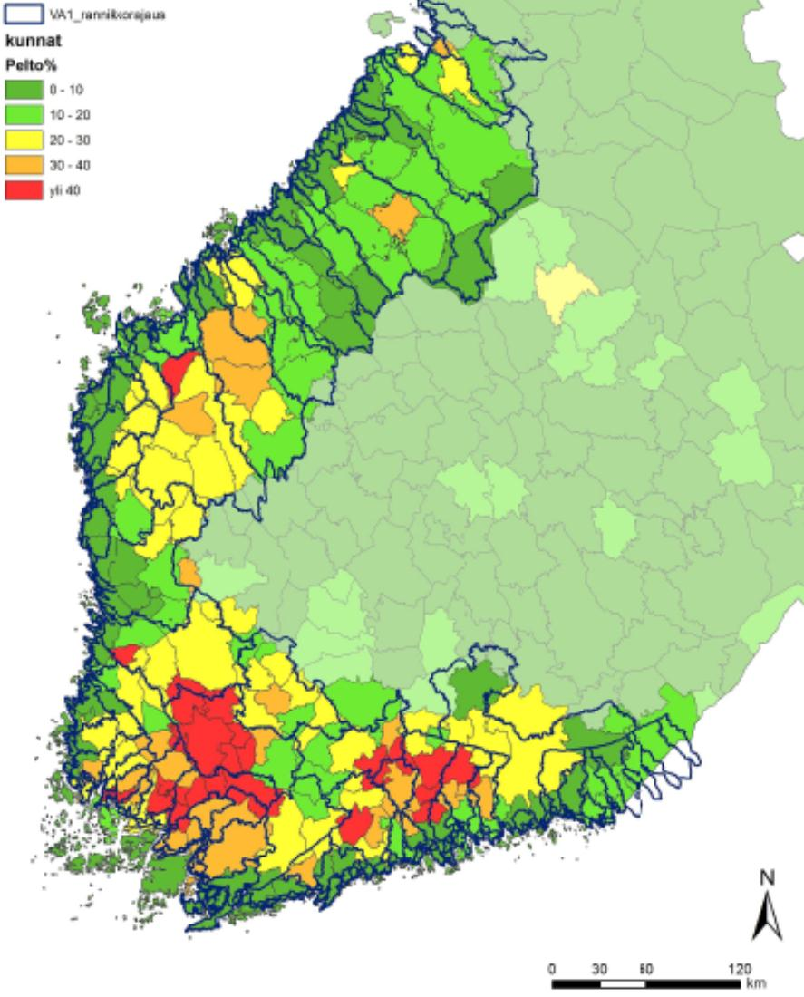 Kohdentamisalue Alue, jolla 70% Suomen pelloista (nurmea 23 % <-> 54 %) 1.