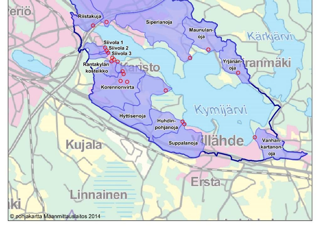 Kuva 1. Vuosina 2008 2016 seurannassa mukana olleet Kymijärven lasku-uomat, niiden valuma-alueet sekä seurantanäytteiden näytteenottopaikat.