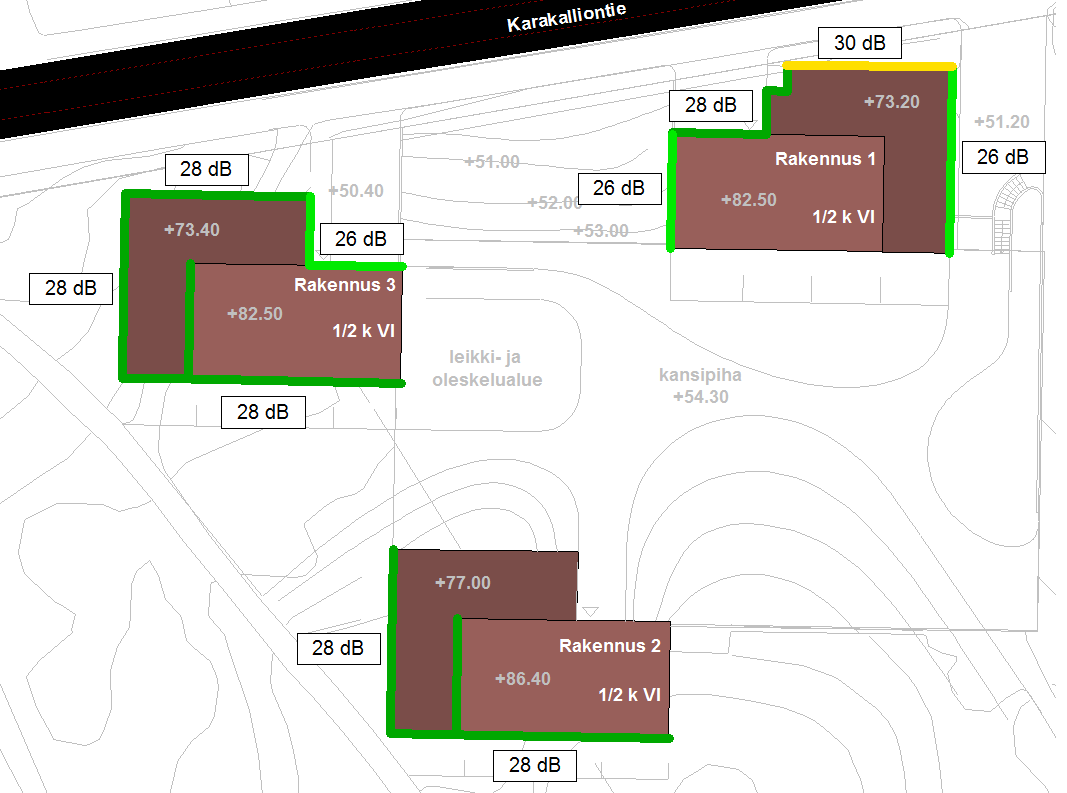 Tieliikennemeluselvitys Asemakaavan muutos Karakallio 131406, Espoo Suunniteltu maankäyttö ja ennustevuoden 2035 liikenne, meluntorjunnan vaihtoehdot Liitteissä 3A ja 3B on esitetty leikki ja en