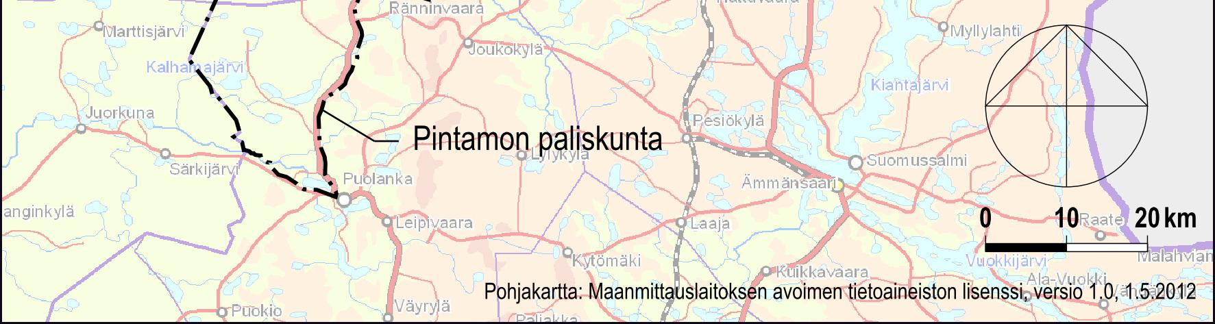 145 Kuva 5-55. Pintamon paliskunnan sijainti suhteessa hankealueeseen (Aineiston Pintamon paliskunta). Hankealue harmaalla rajattu alue paliskunnan keskiosassa. Pintamon paliskunta Taulukko 5-15.