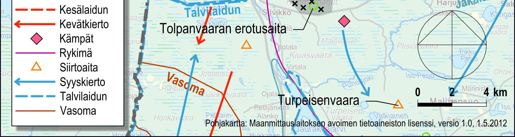 146 Kuva 5-56. Pintamon paliskunnan poronhoito hankealueen lähialueilla (Aineiston Pintamon paliskunta 2012).