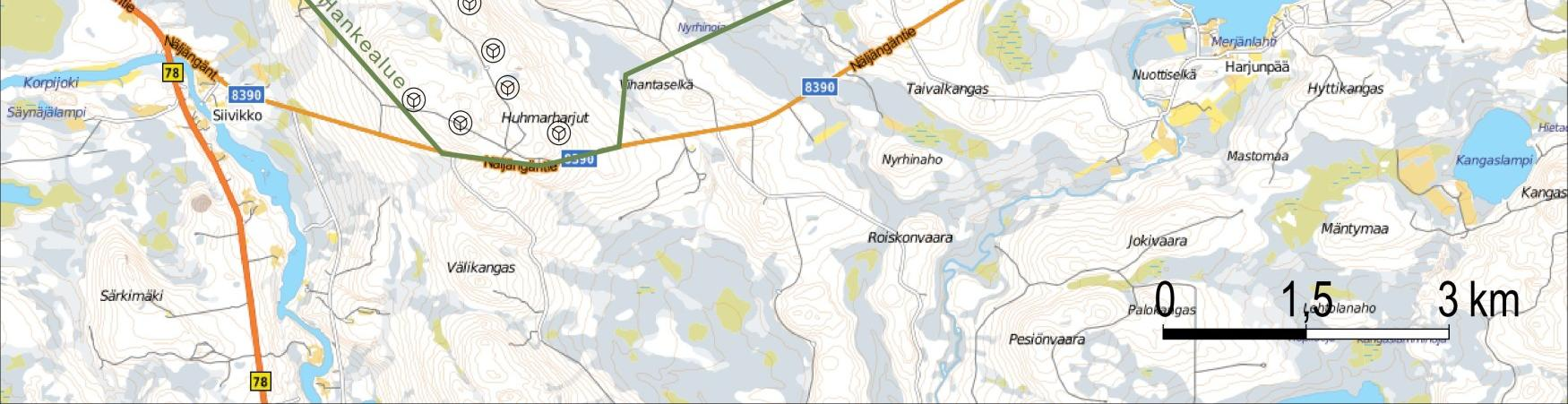 47 Kuva 5-5. Kaavoitustilanne hankealueen lähiympäristössä. (ROYK = rantaosayleiskaava, RAK = ranta-asemakaava) Kuvassa myös sähkölinjavaihtoehdot ja vaihtoehdon VE1 mukaiset tuulivoimalat.