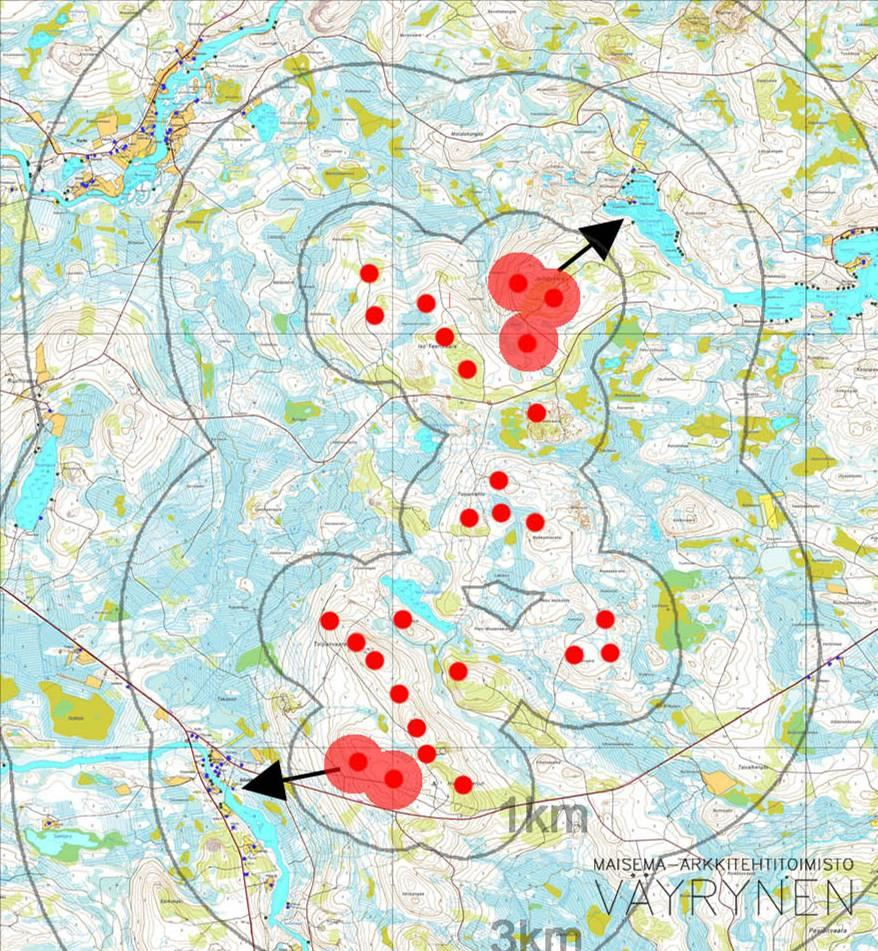 Voimaloista merkittävimmät maisemalliset vaikutukset asutukseen tai loma-asutukseen ovat niitä lähimpänä olevilla voimaloilla.