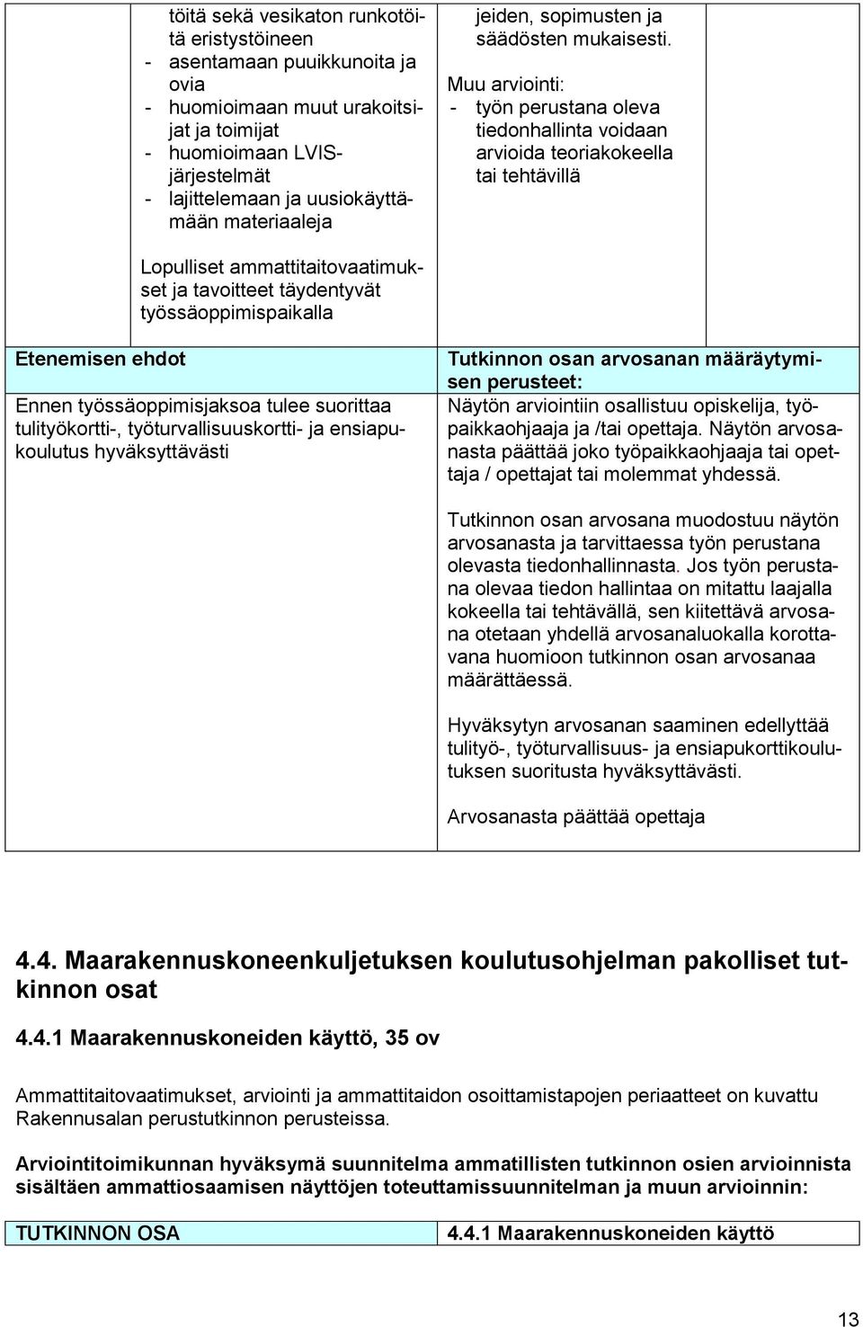 Muu arviointi: - työn perustana oleva tiedonhallinta voidaan arvioida teoriakokeella tai tehtävillä Lopulliset ammattitaitovaatimukset ja tavoitteet täydentyvät työssäoppimispaikalla Etenemisen ehdot