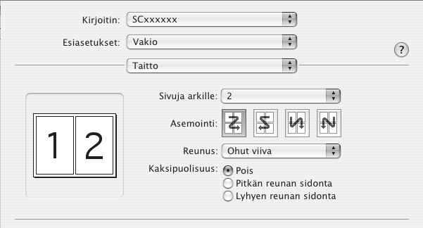 Macintosh Tulostinohjaimen asetusten valinta on selitetty alapuolella käyttäen esimerkkinä toimintoa "Usean kuvan tulostaminen yhdelle sivulle (moniotostulostus)".