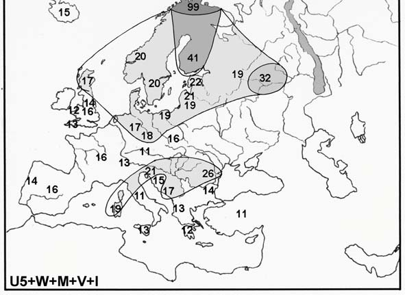 205 Kartta 'mt Eur 2 ryhmää harm'. Mitokondriaalisten haploryhmien U5+W+M+V+I yhteisfrekvenssit. Saamelaiset ovat euroopan ainoa väestö, jonka kyseinen arvo on suurempi (98,83) kuin suomalaisten.