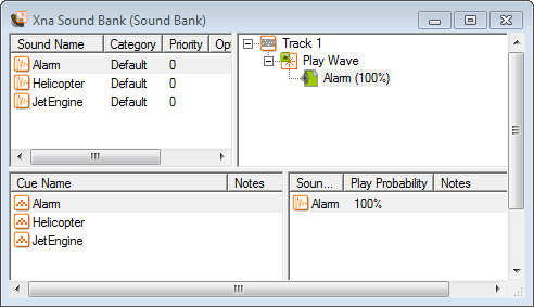 Kuva 4-14. Xna Wave Bank -aaltopankki sisältää kolme.wav-formaatissa olevaa äänitiedostoa.