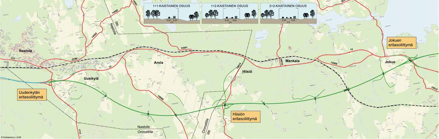 Suunnitelman kuvaus Valtatien 12 osuus Uusikylä Tillola (28 km) parannetaan pääosin uuteen paikkaan.