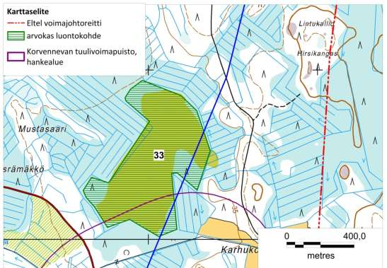 86 (265) Korvennevan tuulivoimapuisto FCG SUUNNITTELU JA TEKNIIKKA OY Pahanevan eteläosissa, mihin voimajohtoreit in VE B maastossa selvitetty vaihtoehtoinen reitti sijoittuu, sijaitsee