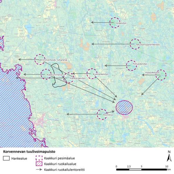104 (265) Korvennevan tuulivoimapuisto FCG SUUNNITTELU JA TEKNIIKKA OY syys voimaloihin noin kaksi kilometriä) ovat Kakkurinneva ja Hahkankeidas.