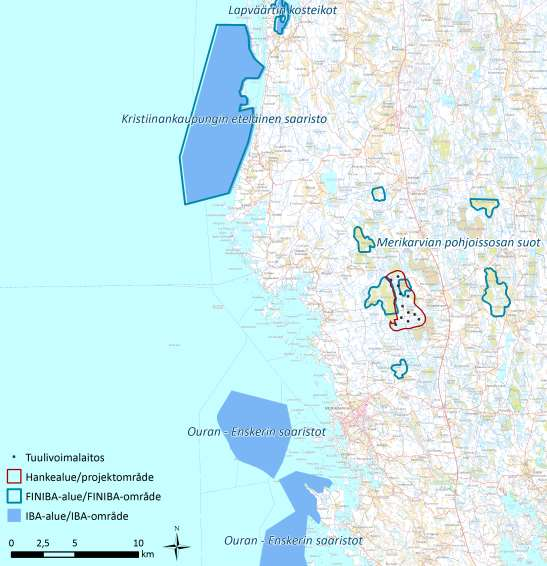 FCG SUUNNITTELU JA TEKNIIKKA OY Korvennevan tuulivoimapuisto 147 (265) Mustasaarenkeitaan-Rynkänkeitaan FINIBA-alue sijoittuu yli kymmenen kilometriä hankealueen itäpuolelle.
