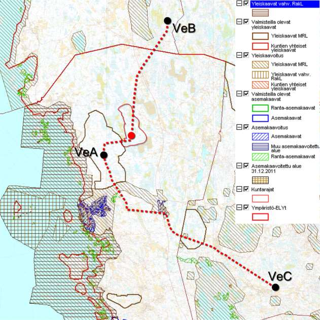 170 (265) Korvennevan tuulivoimapuisto FCG SUUNNITTELU JA TEKNIIKKA OY Asemakaavat Hankealueelle ei ole laadittu asemakaavoja. Sähkönsiirtoreittien kaavatilanne Kuva 11.10.