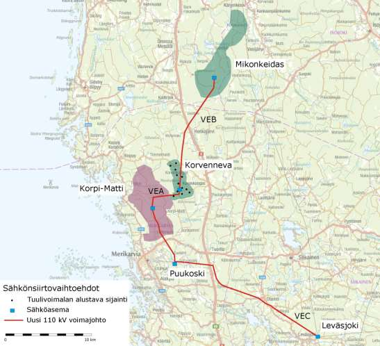 16 (265) Korvennevan tuulivoimapuisto FCG SUUNNITTELU JA TEKNIIKKA OY Ympäristövaikutusten arviointiohjelma VEA Sähkönsiirto Korvennevan hankealueelle rakennettavalta 110/20 kv sähköasemalta 110 kv