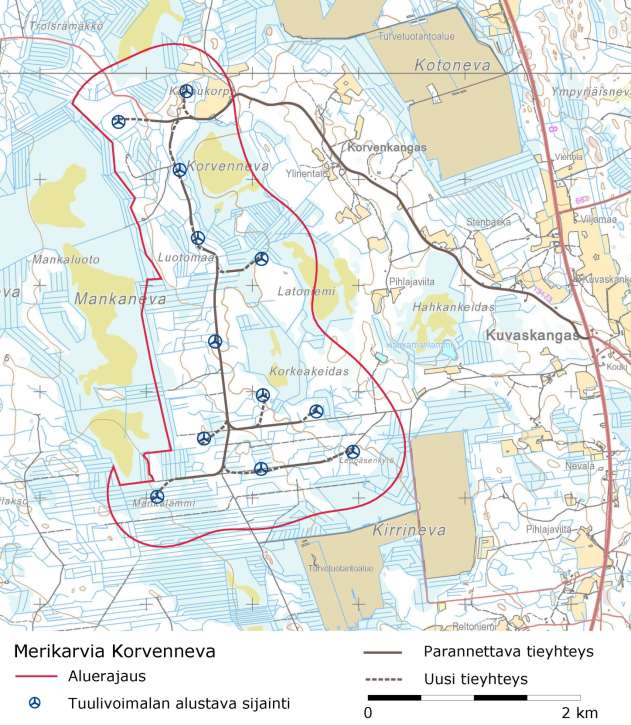 26 (265) Korvennevan tuulivoimapuisto FCG SUUNNITTELU JA TEKNIIKKA OY Ympäristövaikutusten arviointiohjelma Tieverkoston suunnittelussa pyritään hyödyntämään olemassa olevaa tiestöä.