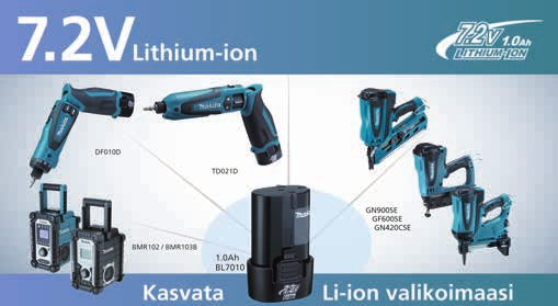 Akkukoneet 7.2V 23 Poraus ja kiinnitys Laserlaitteet Akkukoneet Akkusauvaruuvinväännin DF010DSE 7.2V Iskevä sauvaruuvinväännin TD021DSE 7.2V Kaasunaulain GN900SE 7.