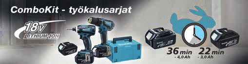 Akkukonesarjat 18V 41 Akkukonesarja DK1817X 18V Akkukonesarja kahdella koneella, kevyillä 3kpl 1,3Ah Li-ion akuilla sekä 30min laturilla. Akkukonesarja 18V jännitteellä.