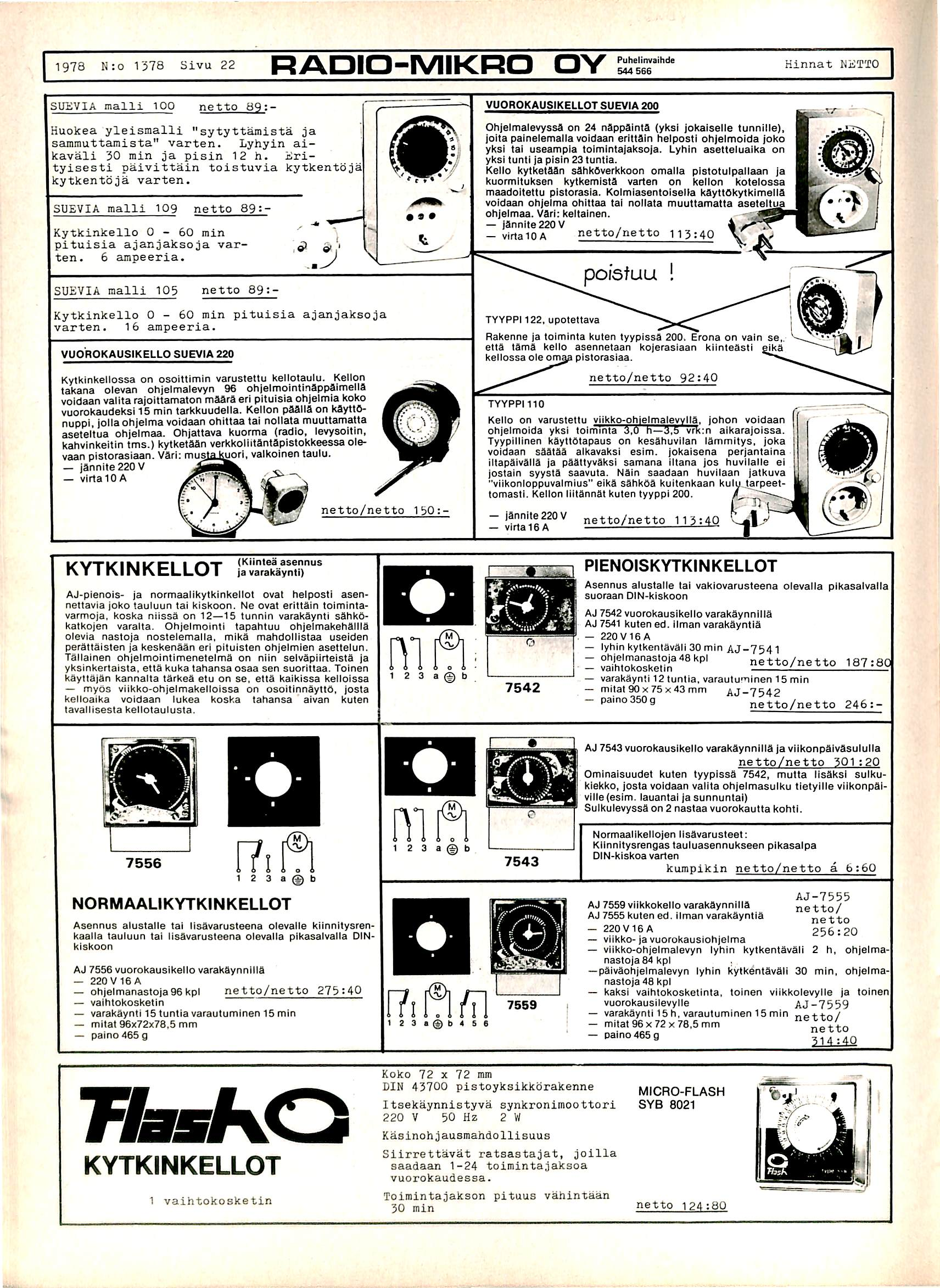 1978 N:o 1378 Sivu 22 RADIO-MIKPO OY SJ"' Kinnat NiiTTO SUi^VIA malli 100 netto 69:- Huokea yleismalli "sytytt^ista ja s a m m u t t a m i s t a " v a r t e n.