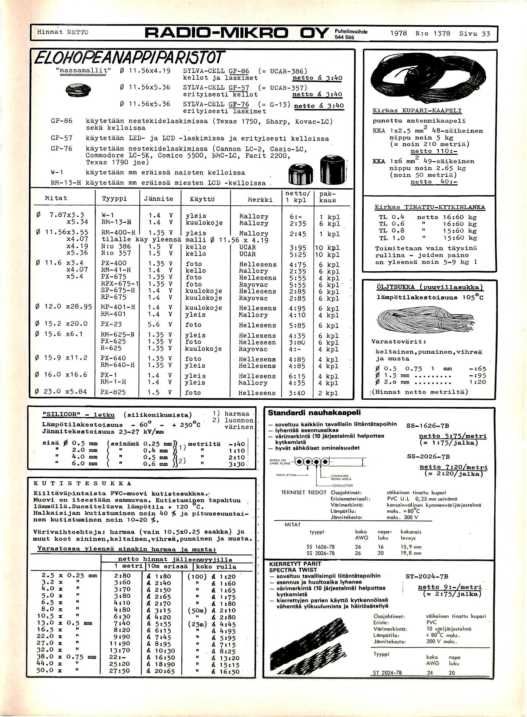 Hinnat NETTO RADIO-MIKRO OY 1978 N:o 1378 Sivu 33 ELOHOPEANAPPIPARI6TOT " m a s s a m a l l i t " 0 1 1. 5 6 x 4. 1 9 0 1 1. 5 6 x 5.