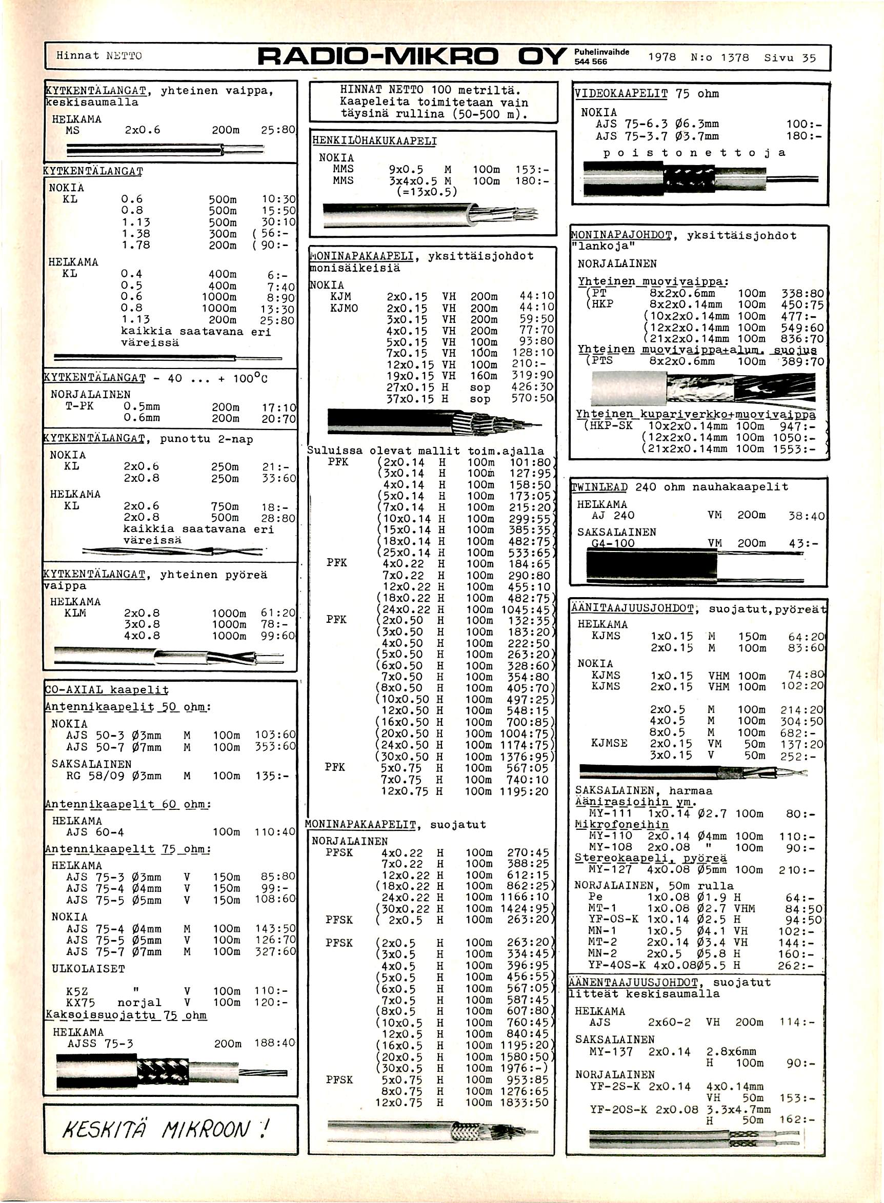 Hinnat hiiltto RADIO-MIKRO OY Puhednvaihde S44S66 1978 N:o 1578 Sivu 35 tytkentalangat. yhteinen vaippa. k e s k l s a u m a l l a HELKAMA M S 2 x 0. 6 200m 25:80 HINNAT NETTO 100 metrilta.