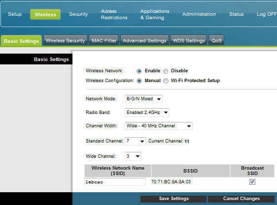 8. WLAN -kanavan muuttaminen 8.4 WLAN -kanavan vaihto Cisco 3825 -modeemissa Valitse asetussivujen ylälaidan navigointivalikosta Wireless ja vasemman reunan navigointivalikosta Basic Settings. 1.