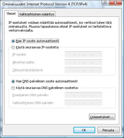 11. Laajakaistaliittymän asetukset / Windows Vista 6. Tarkista, että Internet-protokolla TCP/IP Version 4 (TCP/IPv4) on rastitettuna.