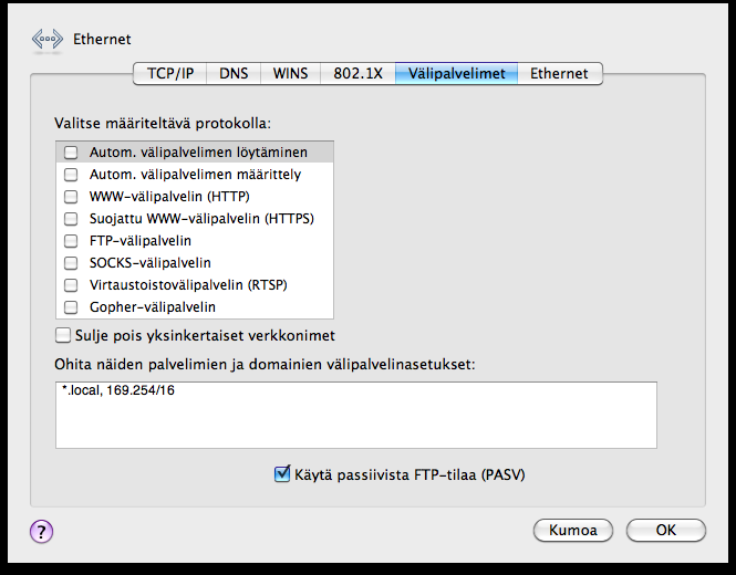 4. Laajakaistaliittymän asetukset / Mac OS 4.2 Internetyhteyden luominen Ohjeet on Mac OS X 10.6 (Snow Leopard) versiolle. 4. Varmista Välipalvelimet-välilehdeltä ettei minkään välipalvelimen kohdalla ole ruksia.