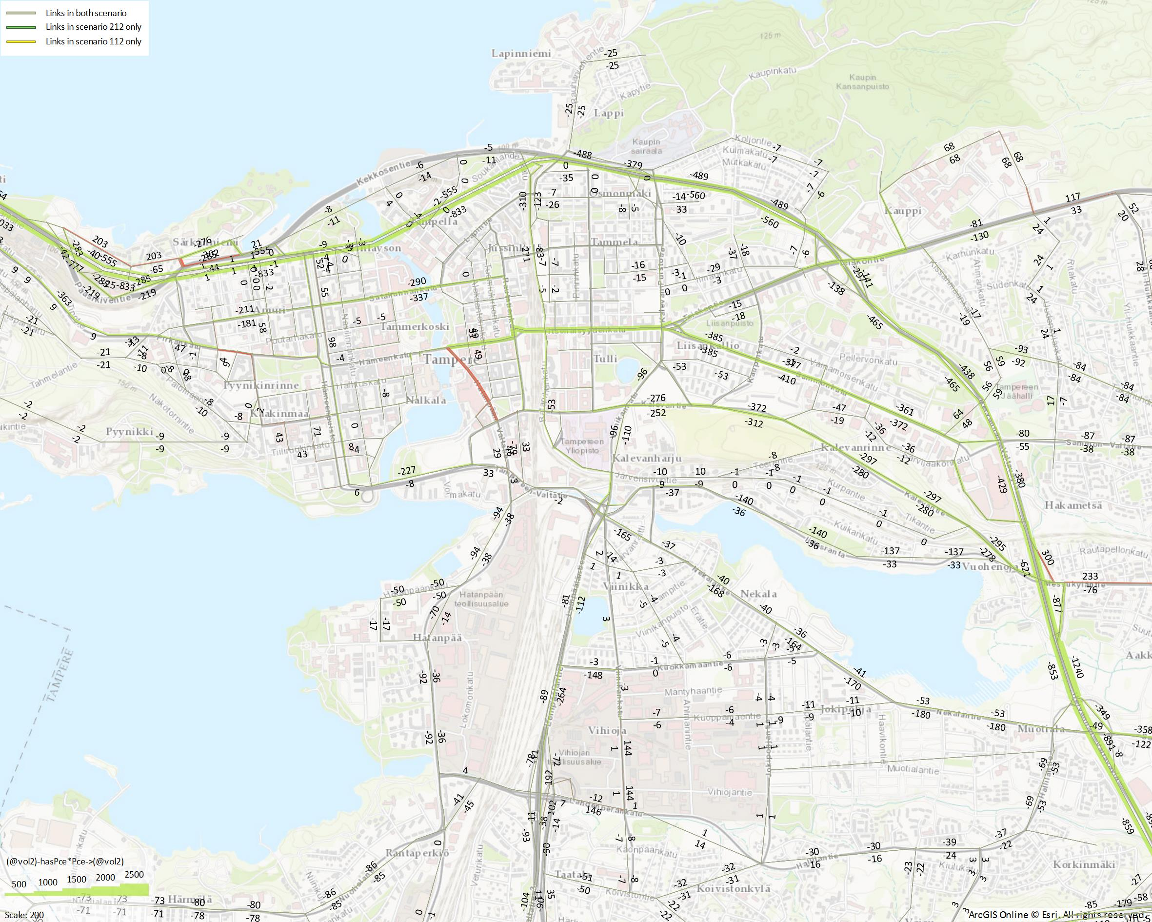 Kuva 10 Vuorokauden liikenne v. 2025 ratikkavaihtoehto verrattuna bussivaihtoehtoon.