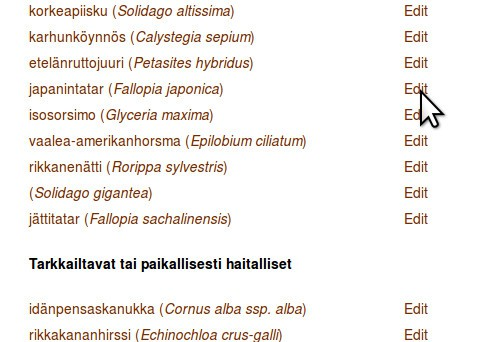 5 2 Lajikortit Lajikortit löytyvät Lajit -valikkolinkin alta kategorioittain, sekä yhtenä listana Kaikki vieraslajit