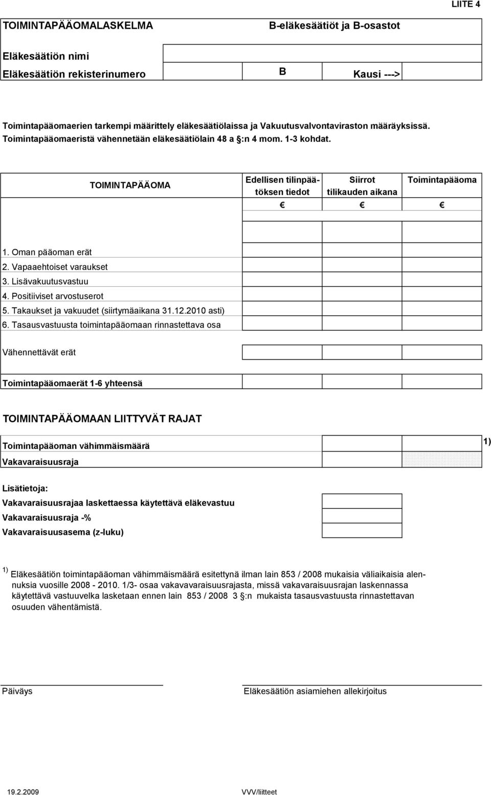 TOIMINTAPÄÄOMA Edellisen tilinpää- Siirrot Toimintapääoma töksen tiedot tilikauden aikana 1. Oman pääoman erät 2. Vapaaehtoiset varaukset 3. Lisävakuutusvastuu 4. Positiiviset arvostuserot 5.