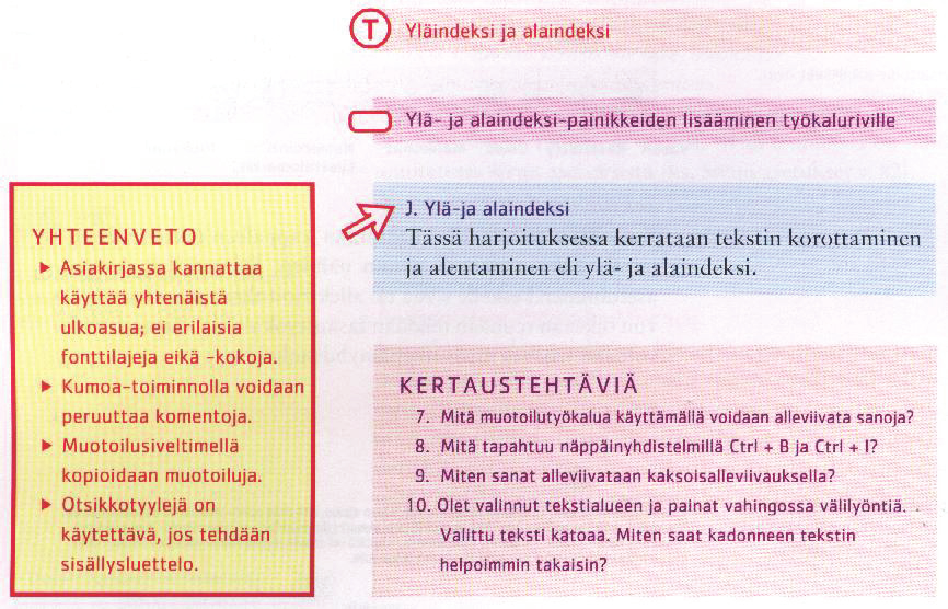 70 KUVA 6 Esimerkki yhteenvedosta, harjoitustehtävistä ja viittauksista WWWmateriaaliin Valikko-oppikirjassa (Järvenpää 2005, 77) 4.1.