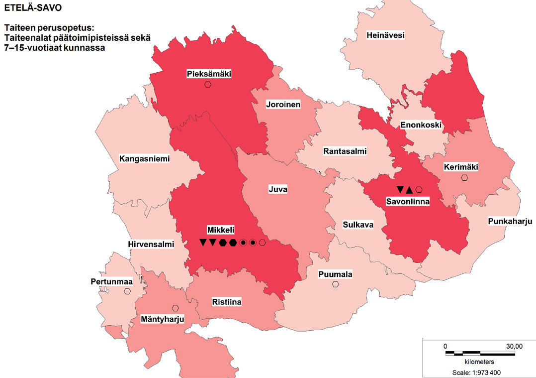 Kartat 5.7 5.8. Valtionavustusta saavat kulttuuritapahtumat Etelä-Savossa ja lähikunnissa 30 kilometrin säteellä. Kartat 5.9 5.10. Taiteen perusopetus Etelä-Savossa: 5.