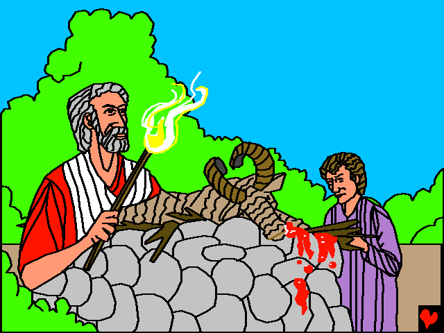 Abraham huomasi pensaikossa oinaan, päästi Iisakin vapaaksi ja uhrasi oinaan