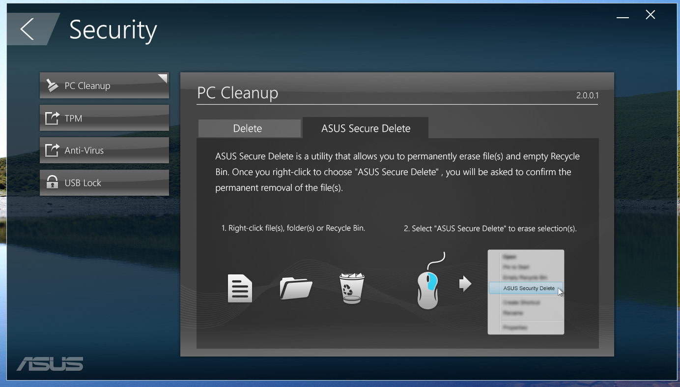 Suojaus Napsauta Suojaus ASUS Managerin päänäytössä käyttääksesi PC Cleanup -ja USB Lock -apuohjelmia.