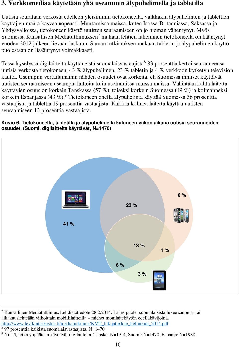 Myös Suomessa Kansallisen Mediatutkimuksen 7 mukaan lehtien lukeminen tietokoneella on kääntynyt vuoden 2012 jälkeen lievään laskuun.