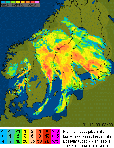 Liittyy artikkeliin s.6-7 Kuva. Säätutkilla mitatut hetkelliset sateen voimakkuudet eri värein luokiteltuina sekä arvioidut epäpuhtauksien osuudet (%), jotka sade huuhtelee maahan min aikana.