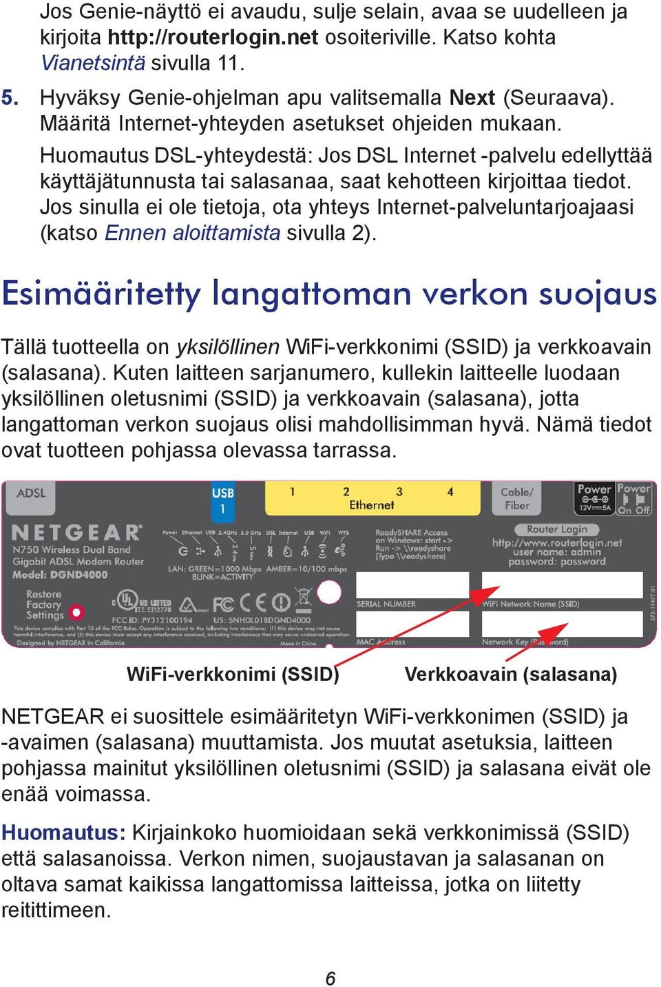 Huomautus DSL-yhteydestä: Jos DSL Internet -palvelu edellyttää käyttäjätunnusta tai salasanaa, saat kehotteen kirjoittaa tiedot.