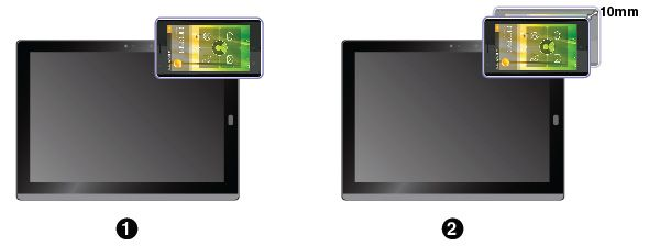Laiteparin muodostaminen taulutietokoneen ja NFC-toiminnolla varustetun älypuhelimen välillä: Varmista ennen aloittamista, että älypuhelimen näyttö on ylöspäin. 1.