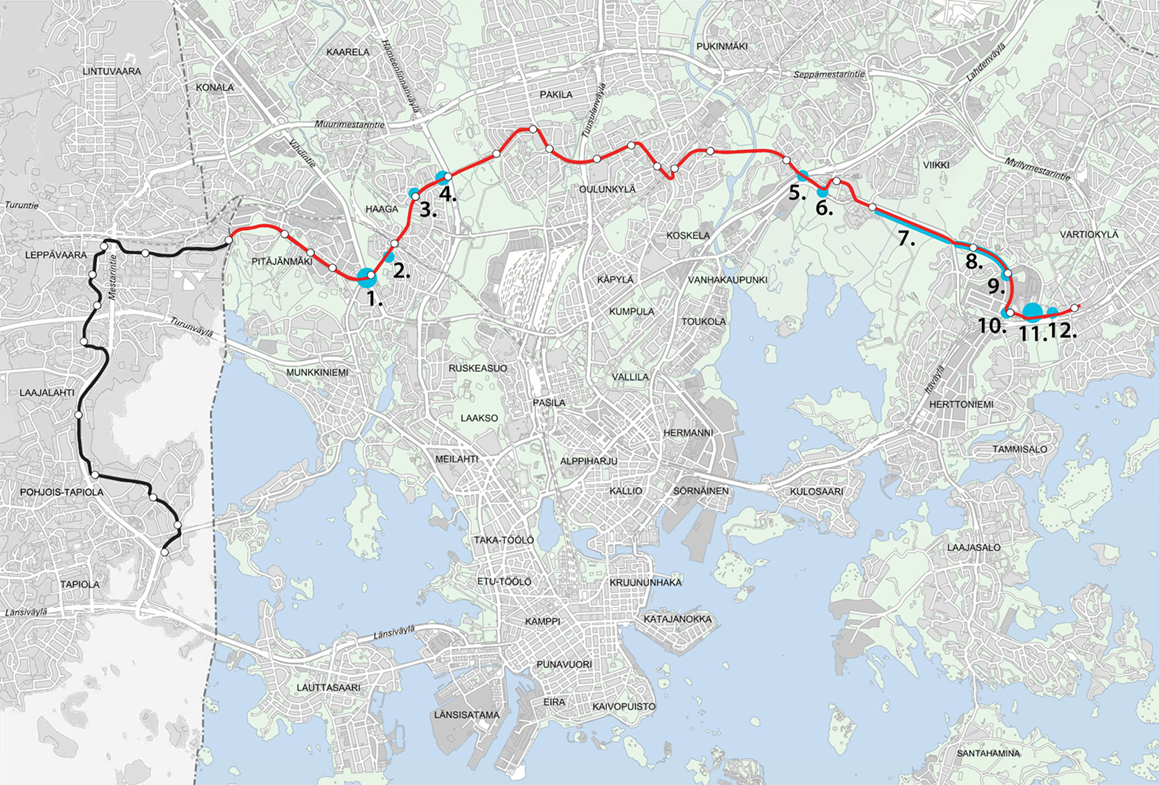 Helsingin kaupunki Pöytäkirja 22/2016 98 (212) Akp/1 Teknisten kaavojen ja kaavamuutosten sijainnit Helsingissä Raide-Jokerin linjan varrella.
