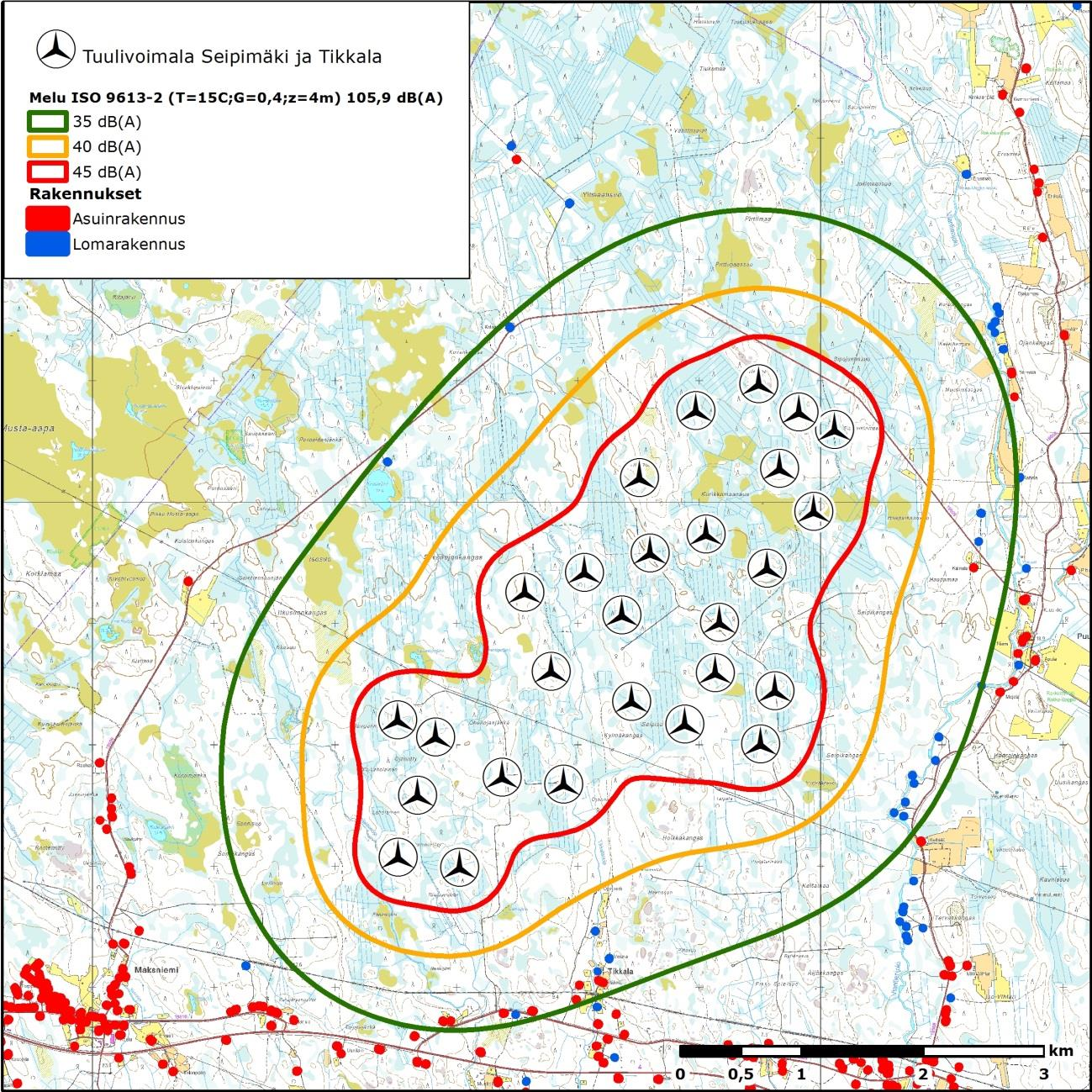 FCG SUUNNITTELU JA TEKNIIKKA OY Melumallinnukset 9 (13) 3.1.216 Lähimpien asuinrakennusten pihapiirissä melutasot ovat laskelmien mukaan alle db(a).