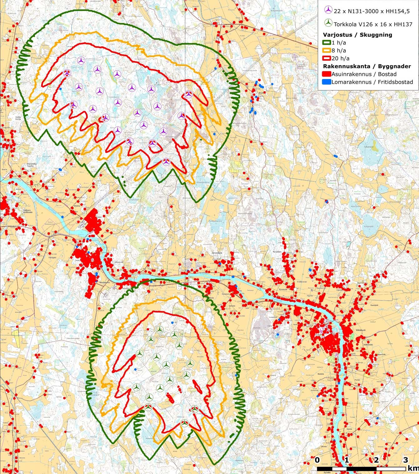 FCG SUUNNITTELU JA TEKNIIKKA OY Melu- ja varjostusmallinnukset 15 (15) 19.10.2015 Kuva 6. Laskennalliset varjostusmallinnuksen tulokset.