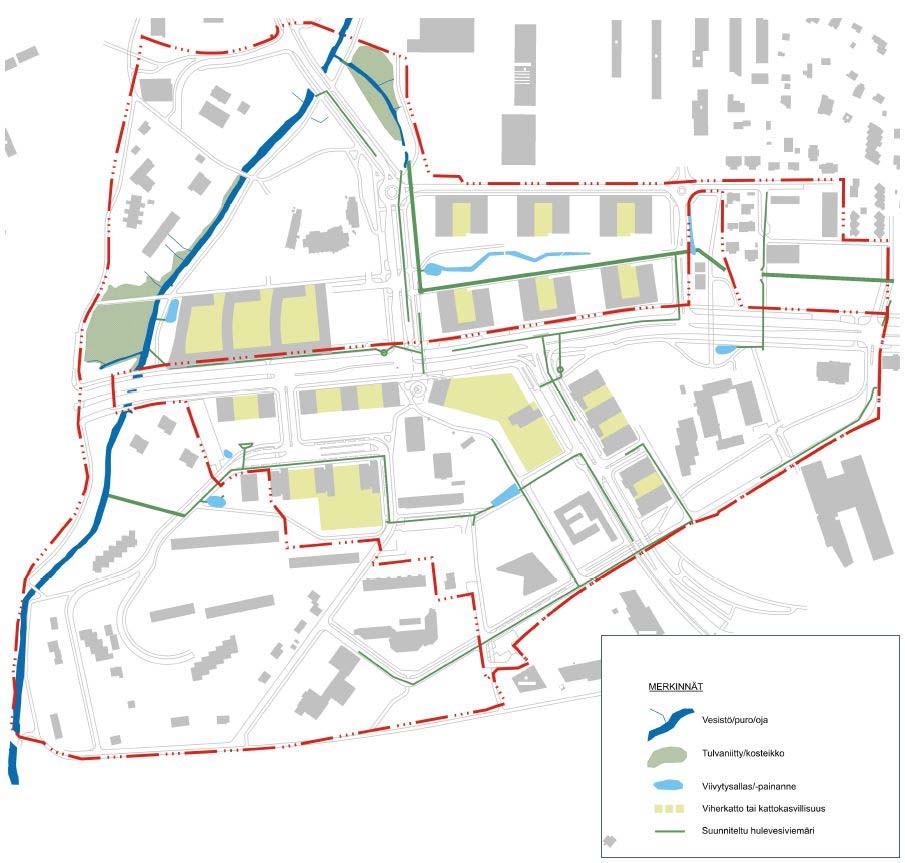 Hulevesien hallinnan periaatteet Hulevesien luonnolliset virtausreitit muuttuvat. Kaikkialla katualueilla on varmistettava, että tulviville hv viemäreille löytyy tulvareitti.