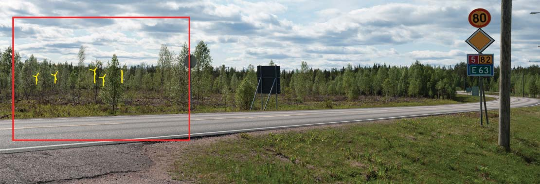 Näkymä Joutsijärven kylän länsipuolelta, valta en 5 varrelta Untamovaaran tuulipuiston suuntaan Kuva 43. Havainnekuva Joutsijärven länsipuolelta, valta en 5 varrelta Untamovaaran hankealueen suuntaan.