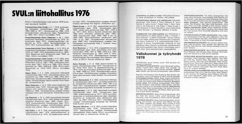 Varapuheenjohtaja Paavo Pekkanen, s. 29. 1. 1922, varatuomari Helsingistä. Liittohallituksen vpj. 1975-, liittovaltuuston jäsen 1972-, yhteiskuntapoliittisen valiokunnan pj.