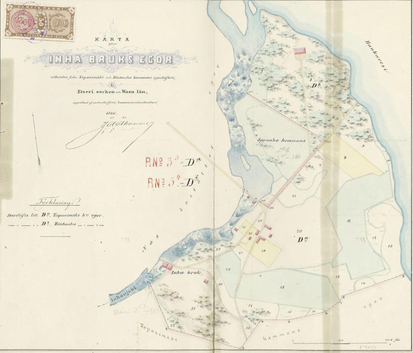 Pohjanmaan maanmittaustoimisto PÖYTÄKIRJAN LIITE 4 8 (20) Vuonna 1886 erotettiin August N:son Keirknerille tilat Inhan tehtaan tiluksia 3:3 ja Inhan tehtaan tiluksia 3:4 lohkomisessa.