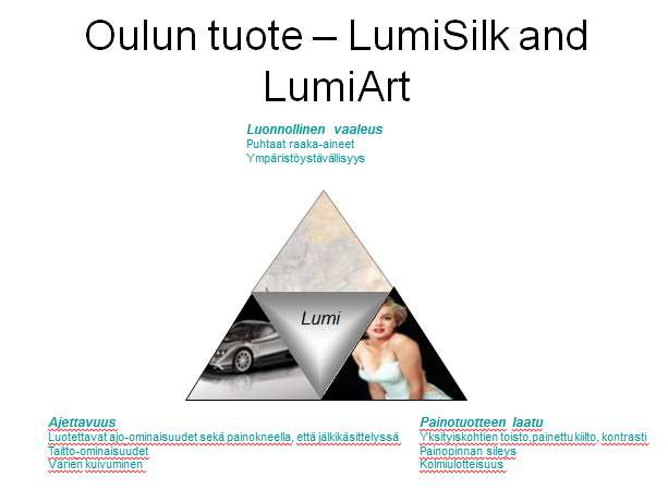 KUVA 7. LumiCollectionin etuja (12) Laatu voidaan jakaa kolmeen osaan: paperi sellaisenaan, visuaaliset tekijät ja lähtevä tuote. Paperi sellaisenaan tarkoittaa jäykkyyttä, pintaa jne.